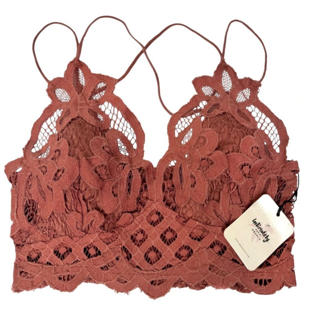 FREE PEOPLE INTIMATELY ADELLA LONGLINE LACE CROCHET BRALETTE COPPER BOHO XS
